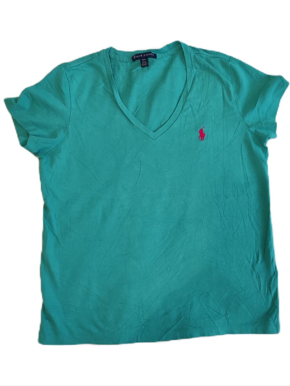 Ralph Lauren Short Sleeve V-Neck Tee in Teal Green | Size M | Women's
